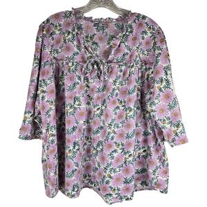 Shade & Amour 100% Cotton Floral Peasant Blouse Purple Pink Medium Boho